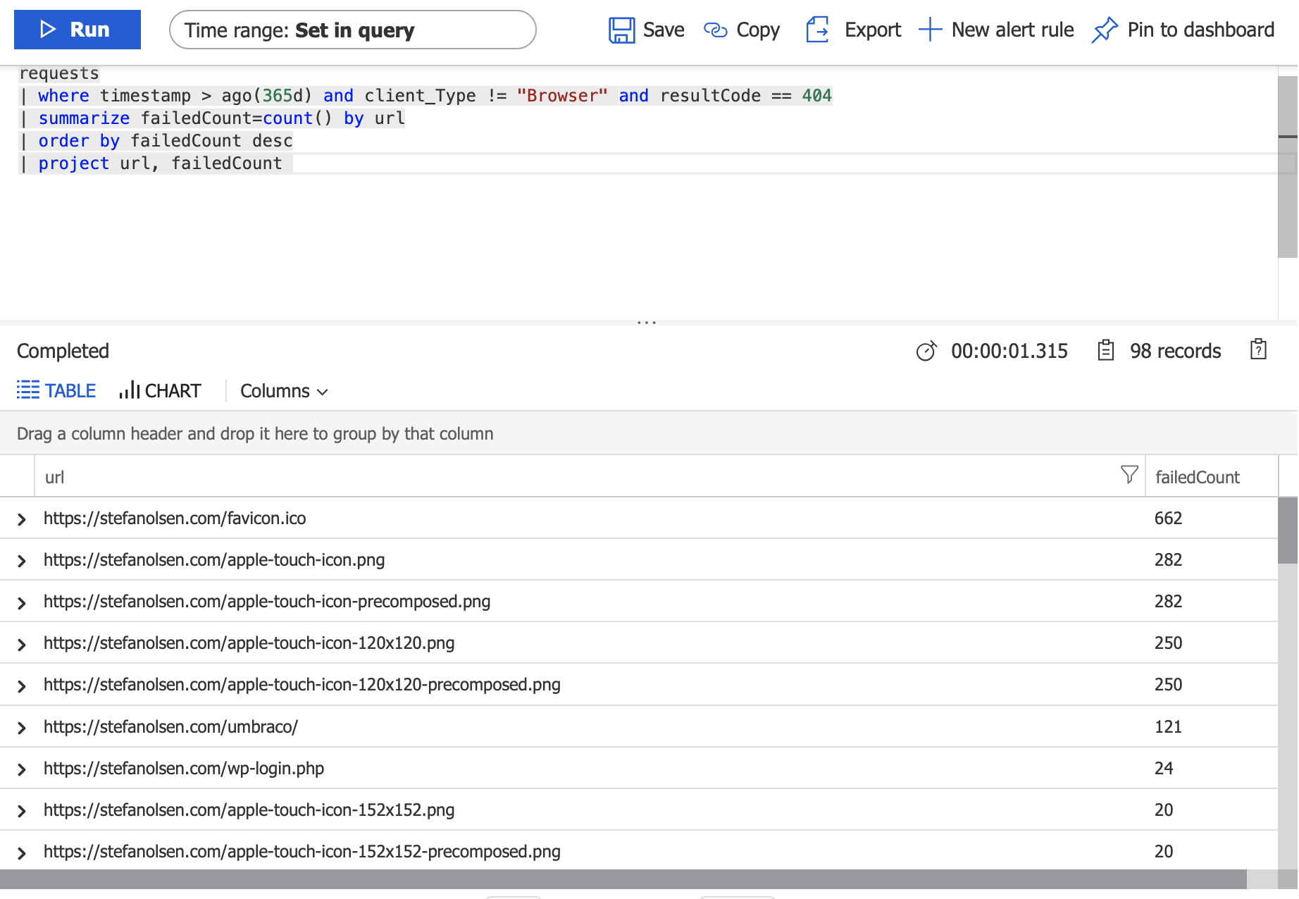 Screenshot of a log query and the resulting datagrid.