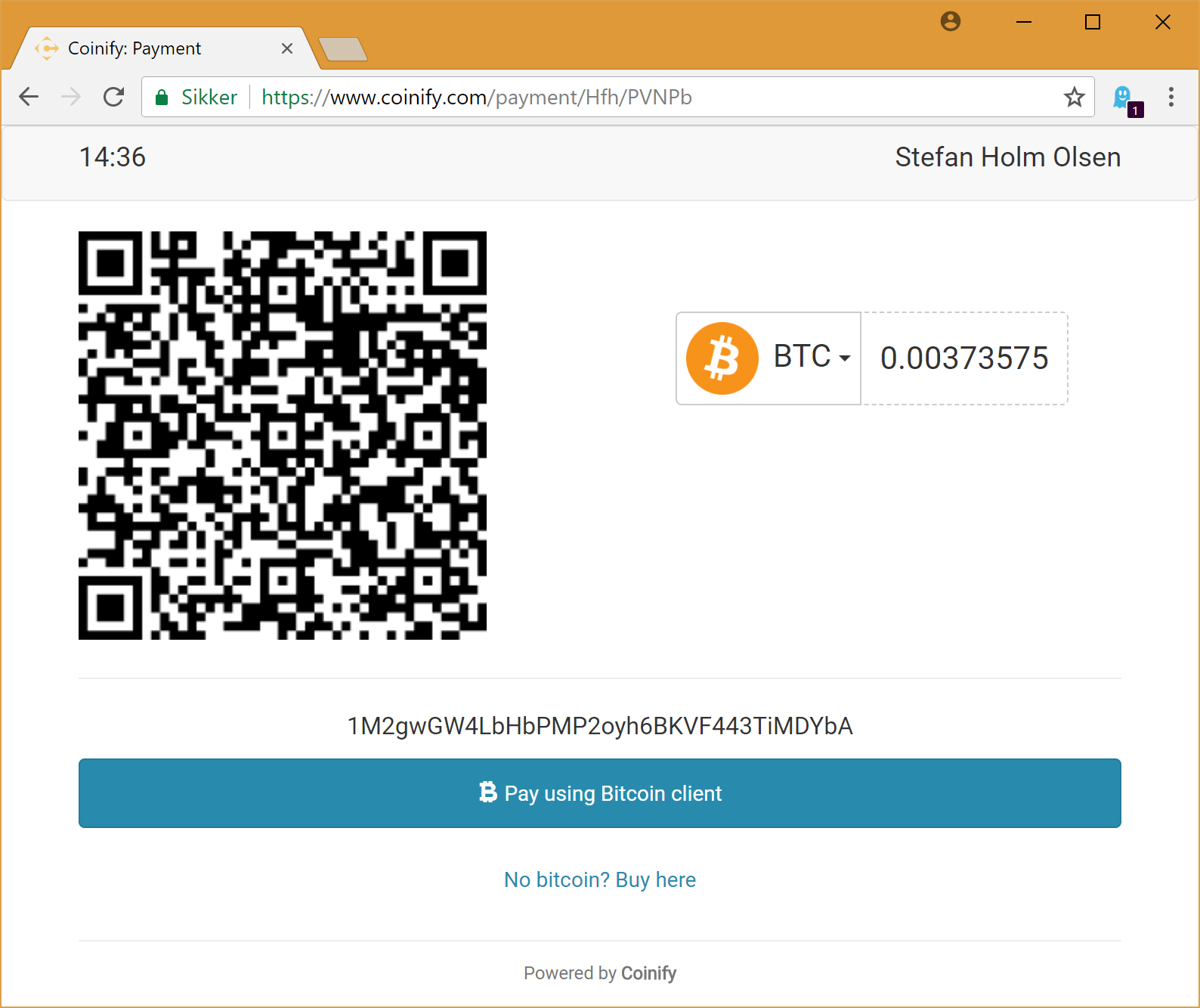 Screenshot of a Coinify payment window
